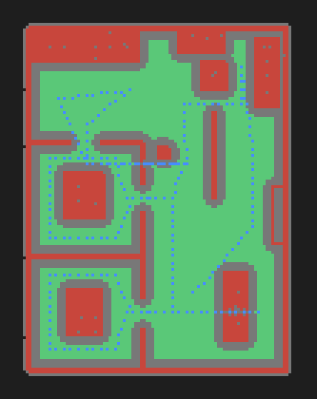 Top-down walkability grid of the synthetic office: green walkable floor, red obstacles and walls, grey clearance band, blue dotted capture path