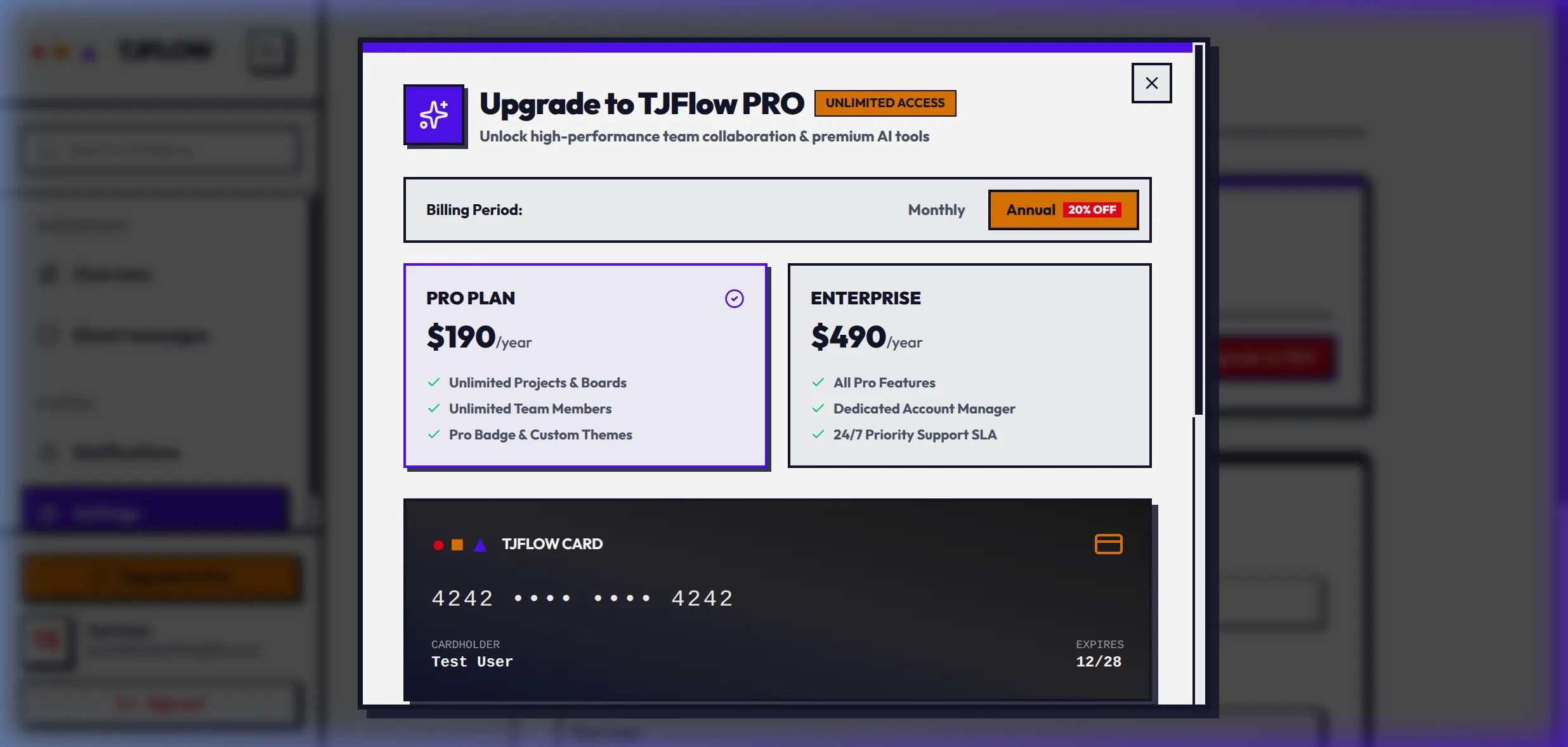 TJFLOW Pro upgrade modal with a gradient credit card preview and billing toggle